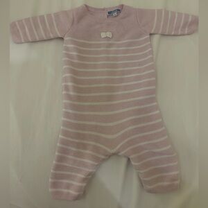 VGUC Jacadi Pink and White Striped Knit Footie with Bow
